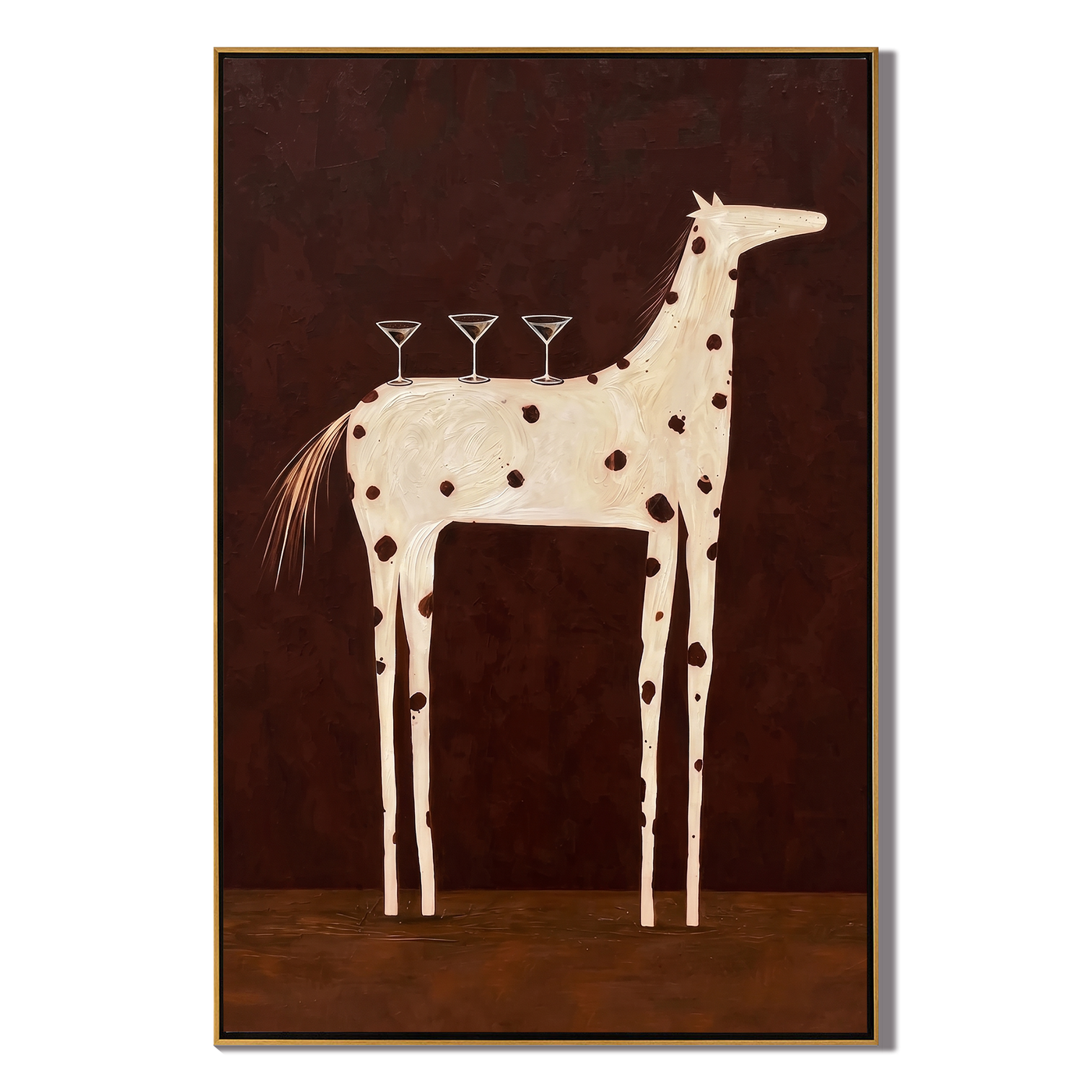 Three Glasses Ride Ivory – brown and black modern western equestrian art, vertical hand-painted canvas art – view 1
