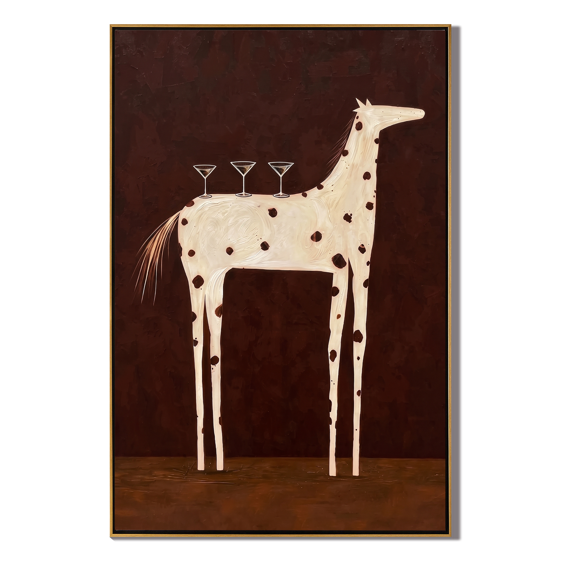 Three Glasses Ride Ivory – brown and black modern western equestrian art, vertical hand-painted canvas art – view 1