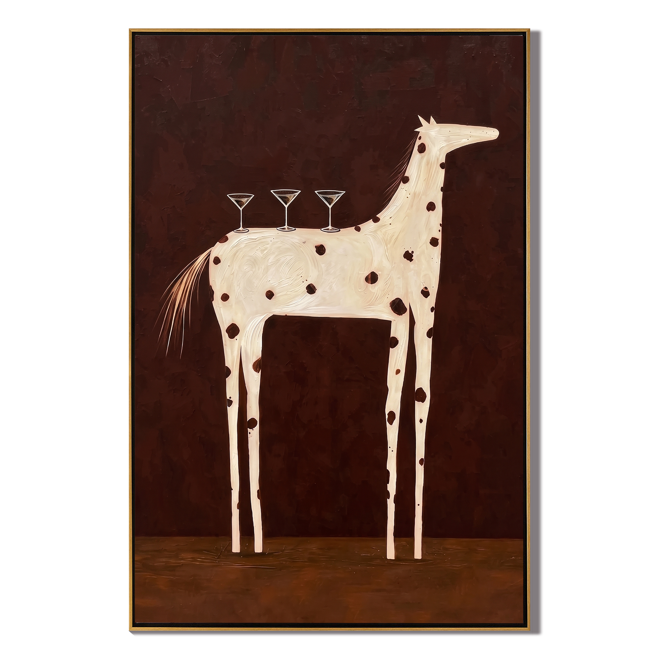 Three Glasses Ride Ivory – brown and black modern western equestrian art, vertical hand-painted canvas art – view 1