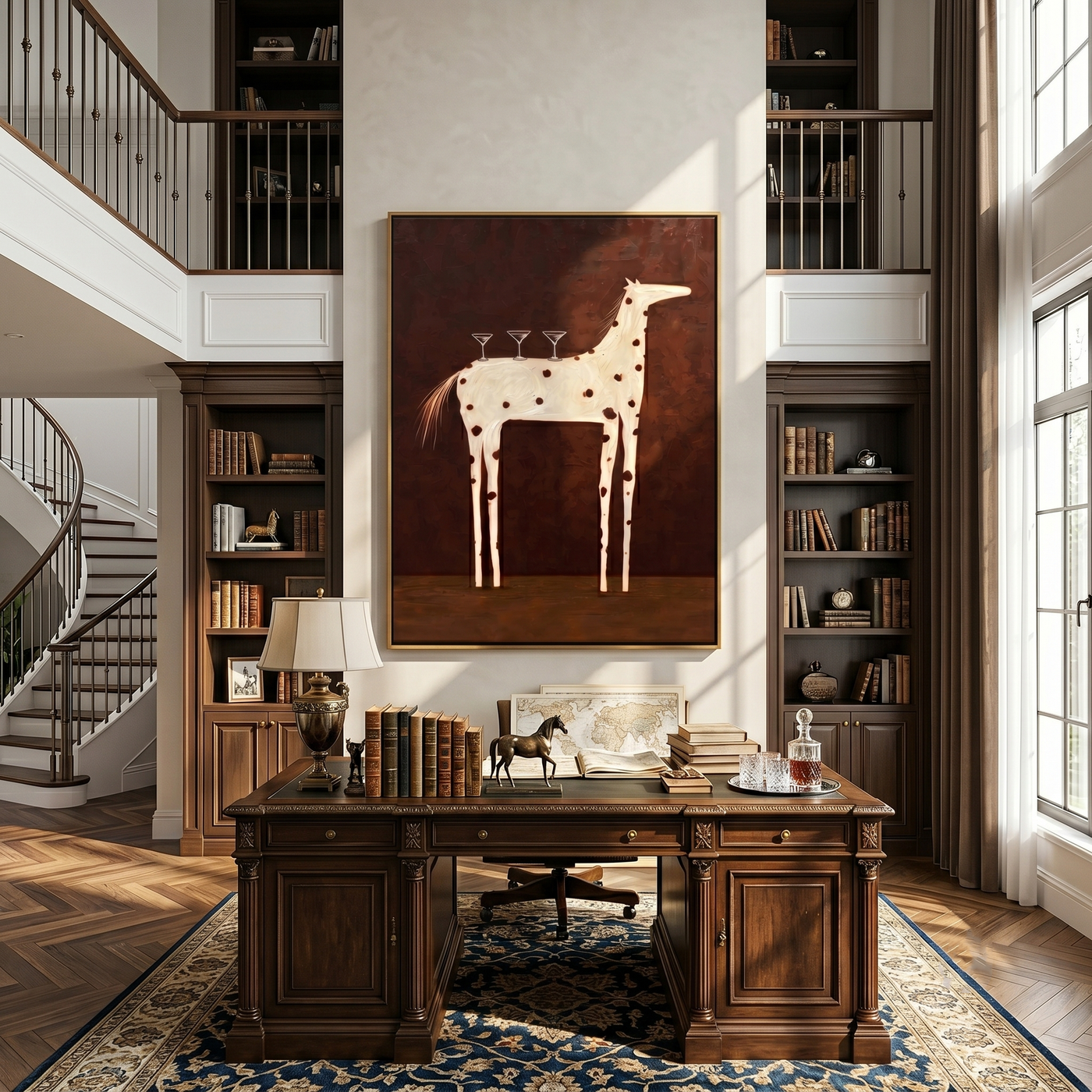 Three Glasses Ride Ivory – brown and black modern western equestrian art, vertical hand-painted canvas art – view 3