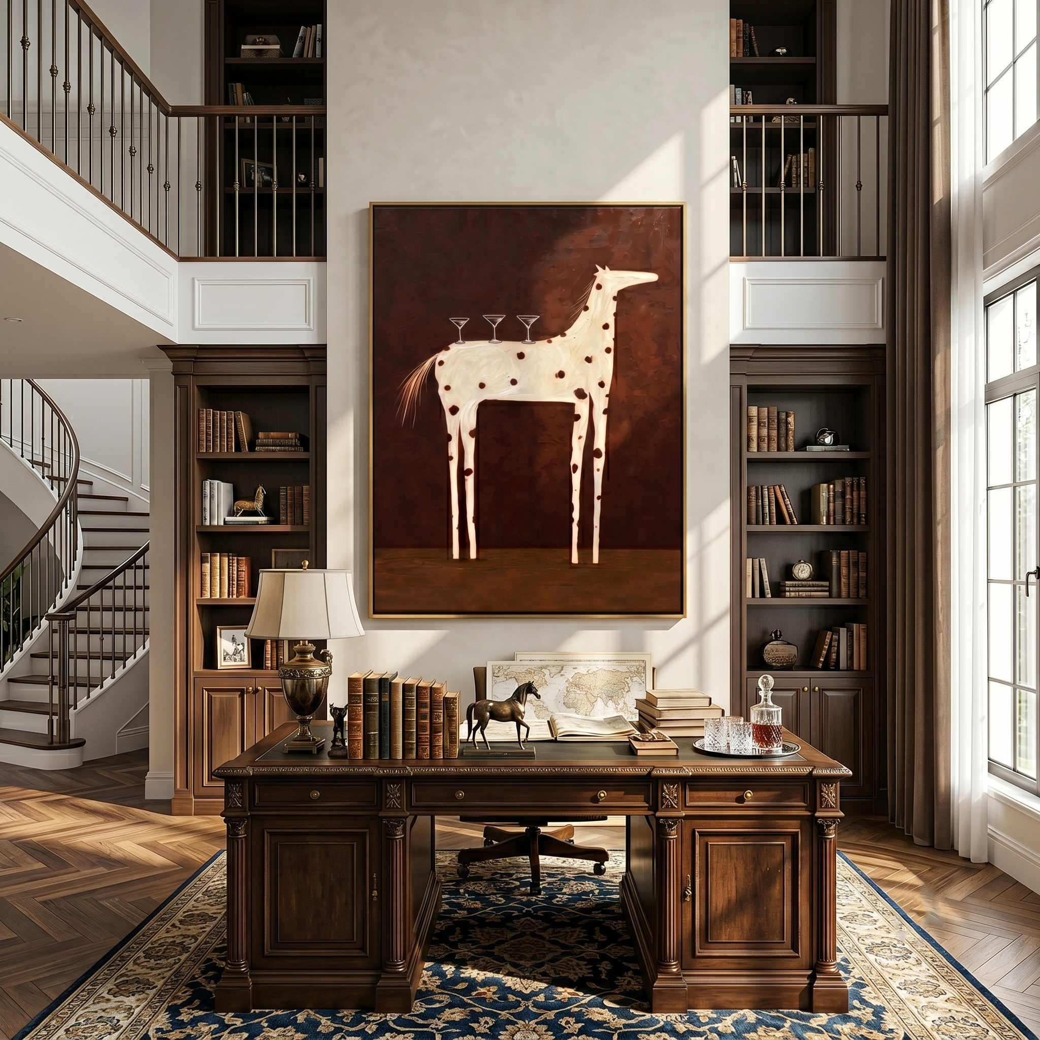 Three Glasses Ride Ivory – brown and black modern western equestrian art, vertical hand-painted canvas art – view 3