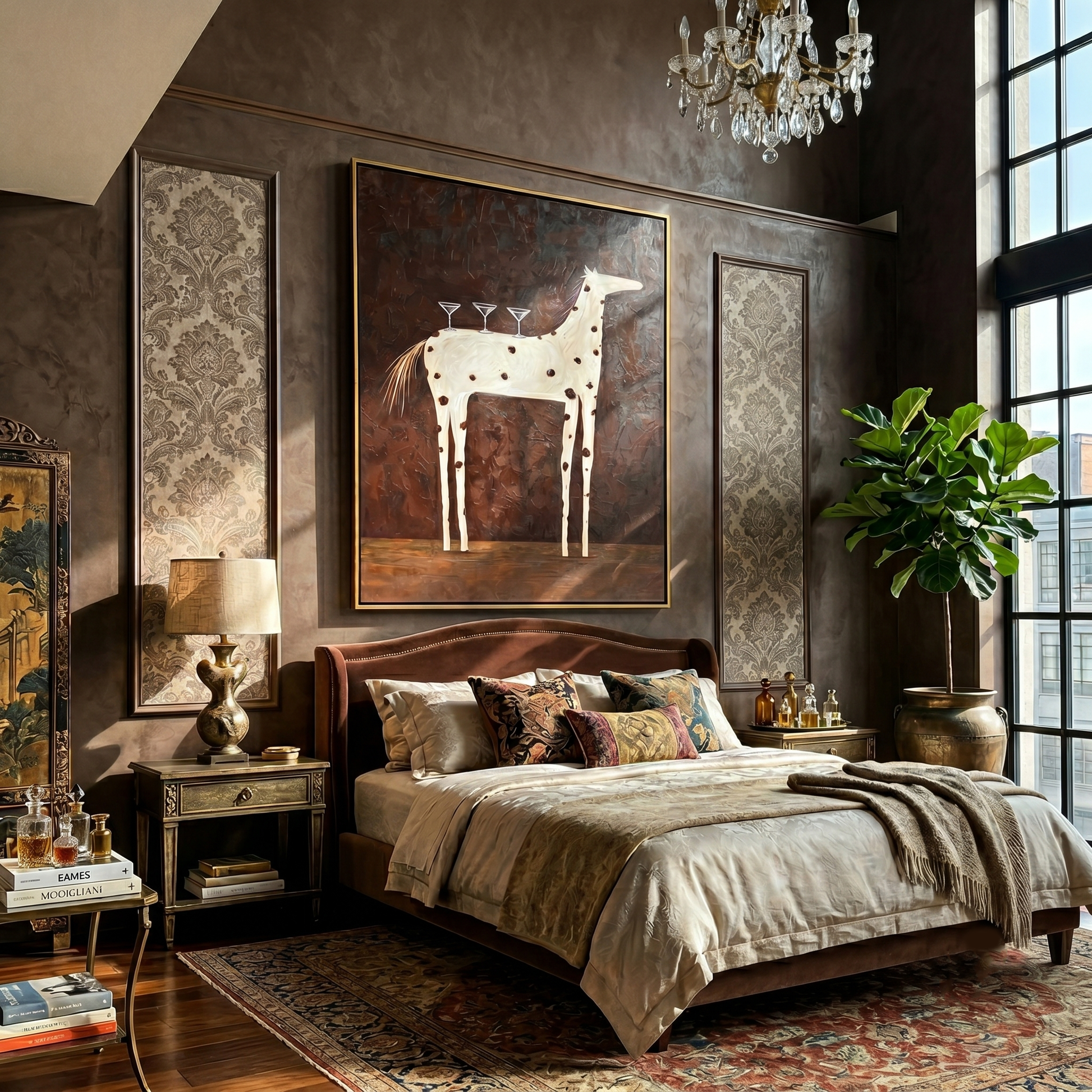 Three Glasses Ride Ivory – brown and black modern western equestrian art, vertical hand-painted canvas art – view 5