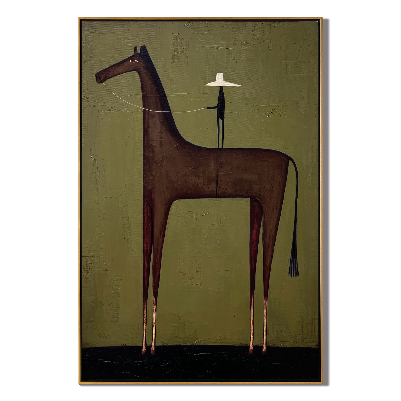 White Hat Above Stillness – brown and black modern western equestrian art, vertical hand-painted canvas art – view 1