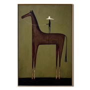 White Hat Above Stillness – brown and black modern western equestrian art, vertical hand-painted canvas art – view 1