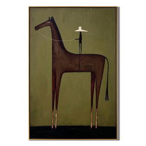 White Hat Above Stillness – brown and black modern western equestrian art, vertical hand-painted canvas art – view 1