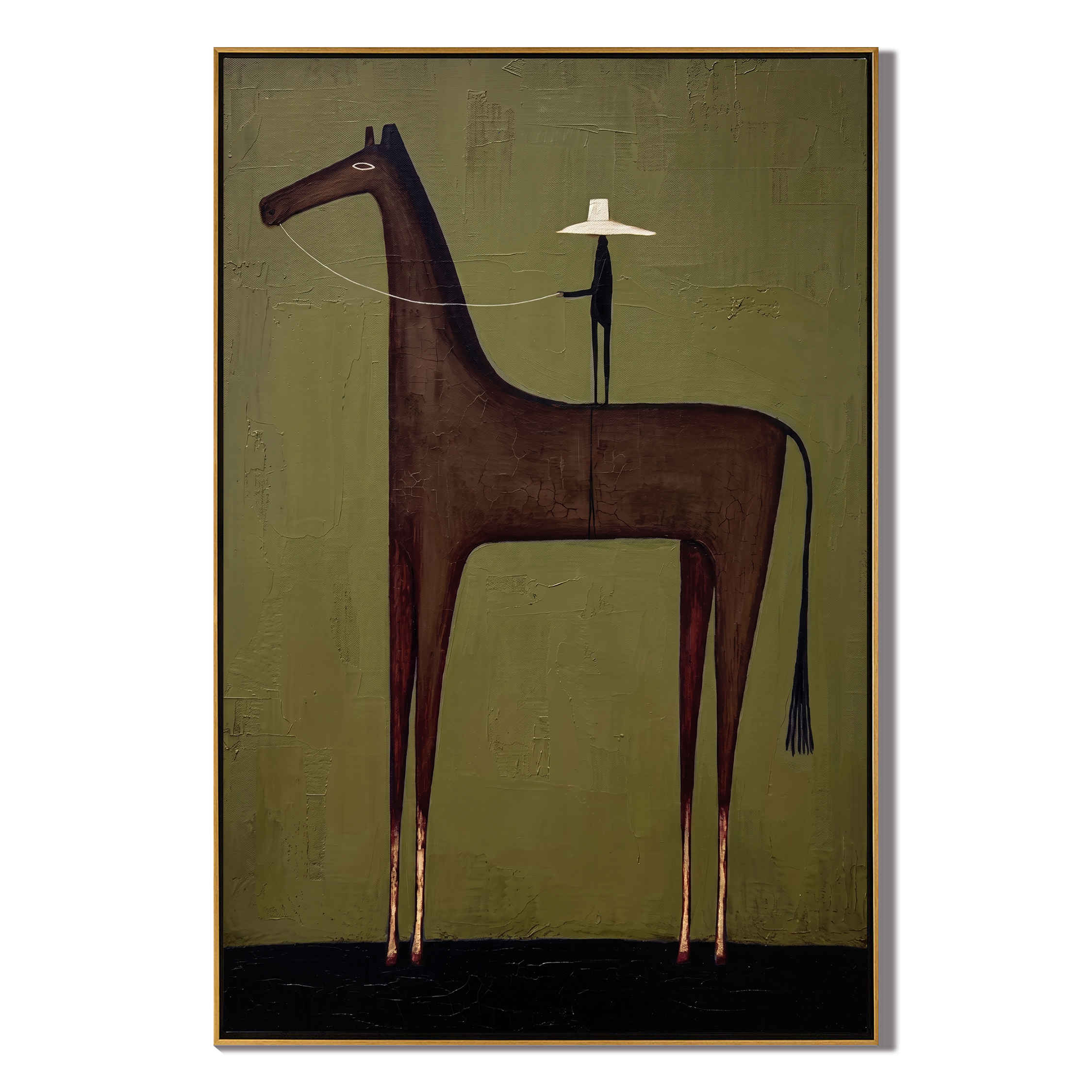 White Hat Above Stillness – brown and black modern western equestrian art, vertical hand-painted canvas art – view 1