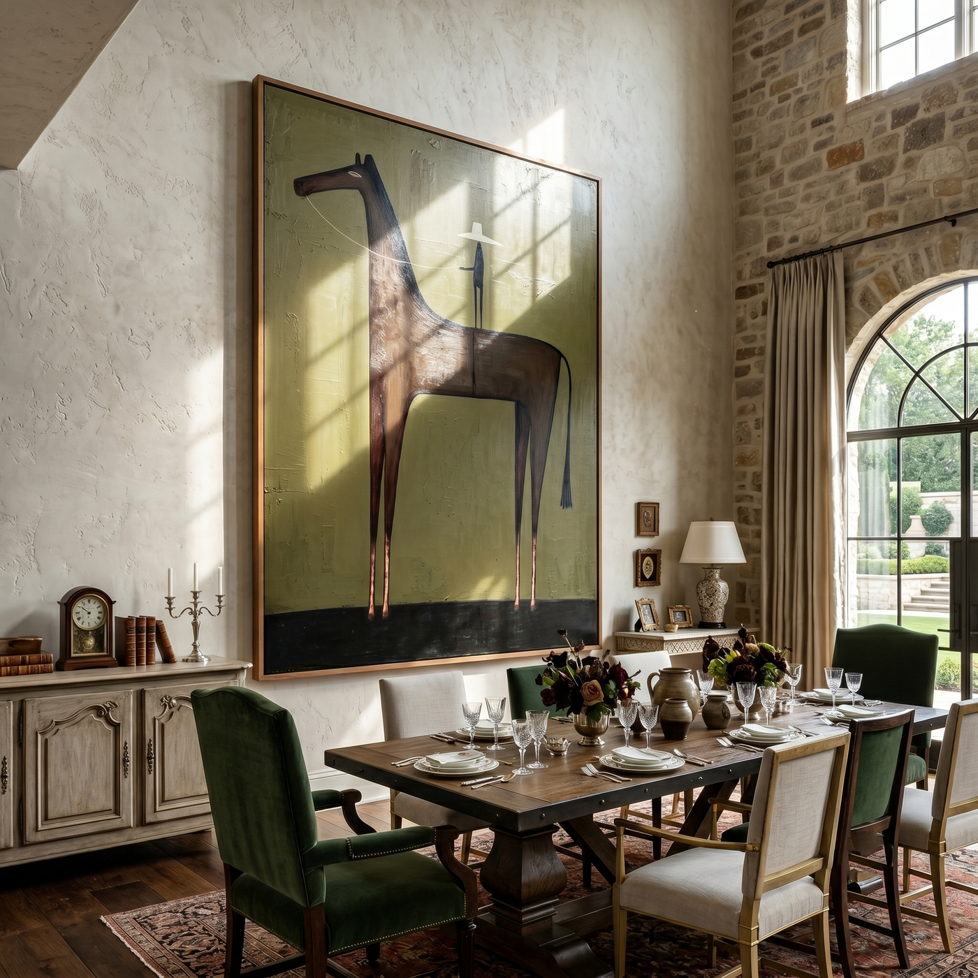 White Hat Above Stillness – brown and black modern western equestrian art, vertical hand-painted canvas art – view 2