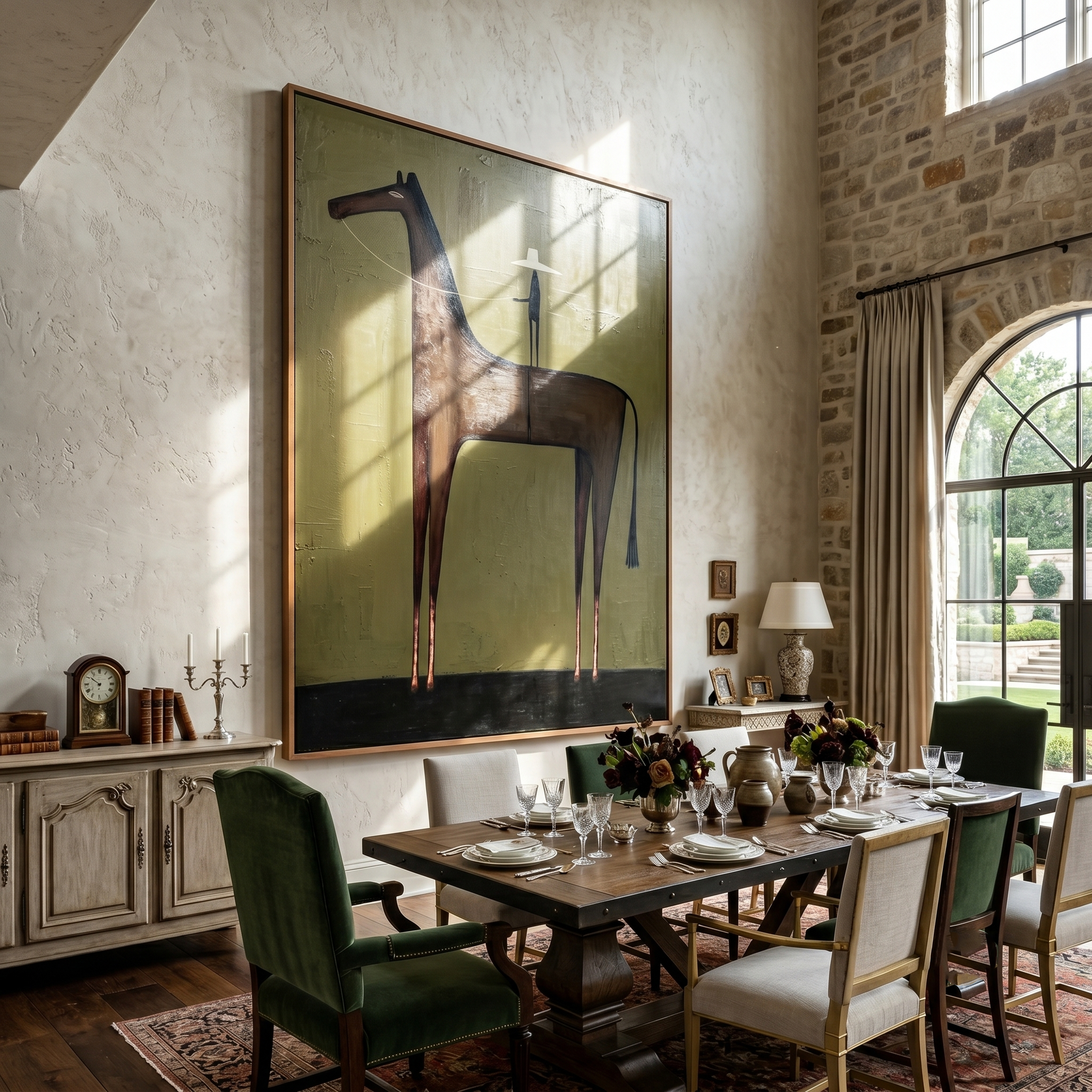White Hat Above Stillness – brown and black modern western equestrian art, vertical hand-painted canvas art – view 2