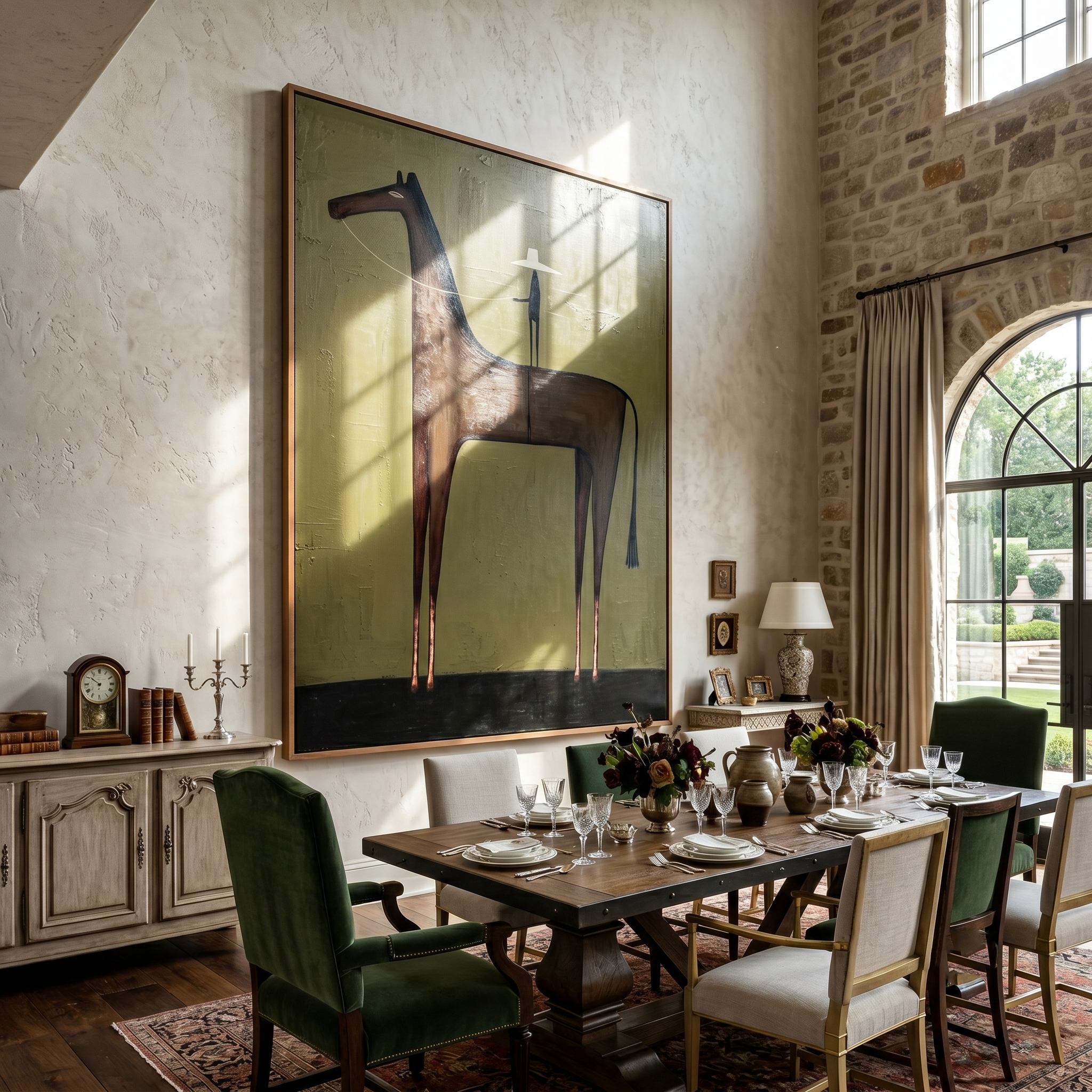 White Hat Above Stillness – brown and black modern western equestrian art, vertical hand-painted canvas art – view 2