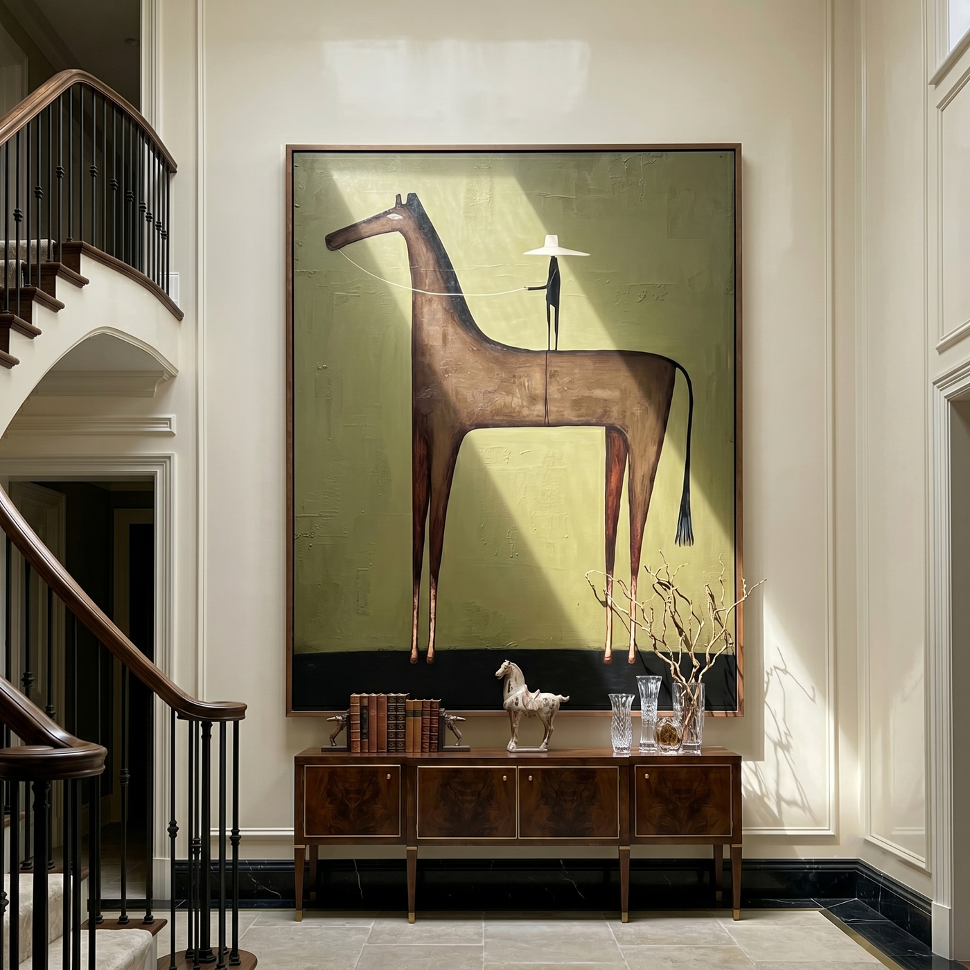 White Hat Above Stillness – brown and black modern western equestrian art, vertical hand-painted canvas art – view 3