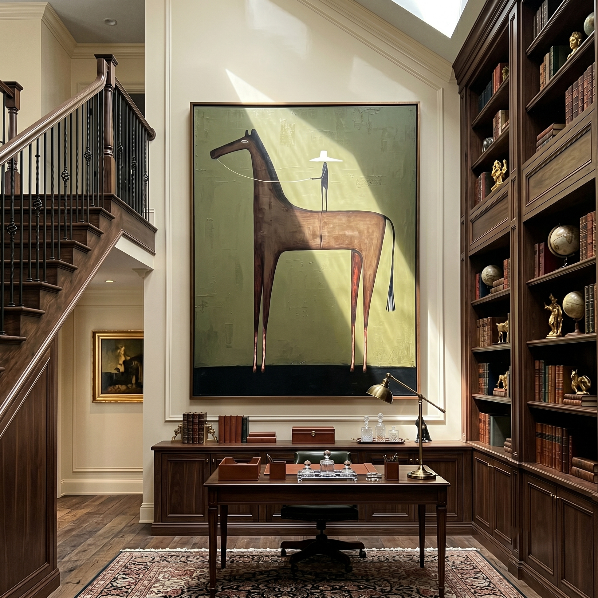 White Hat Above Stillness – brown and black modern western equestrian art, vertical hand-painted canvas art – view 5