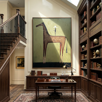 White Hat Above Stillness – brown and black modern western equestrian art, vertical hand-painted canvas art – view 5