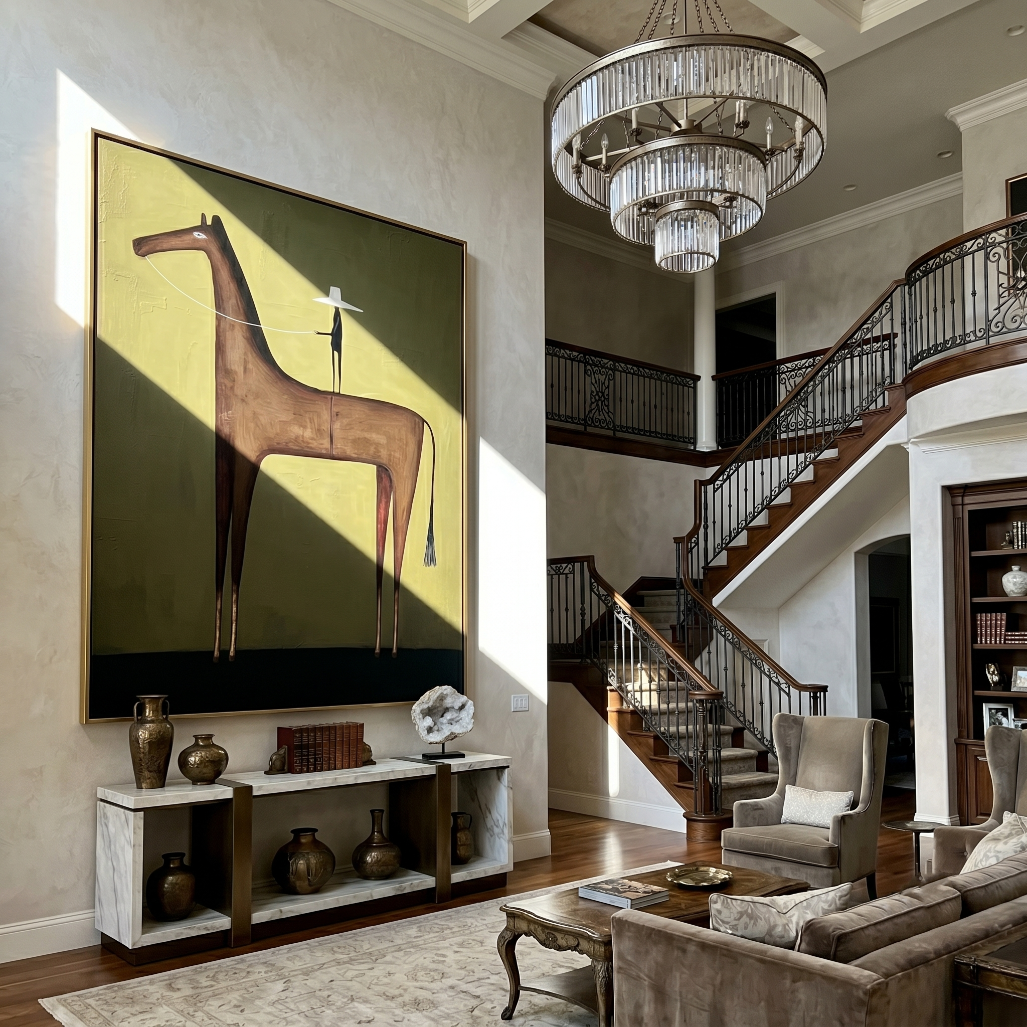 White Hat Above Stillness – brown and black modern western equestrian art, vertical hand-painted canvas art – view 6