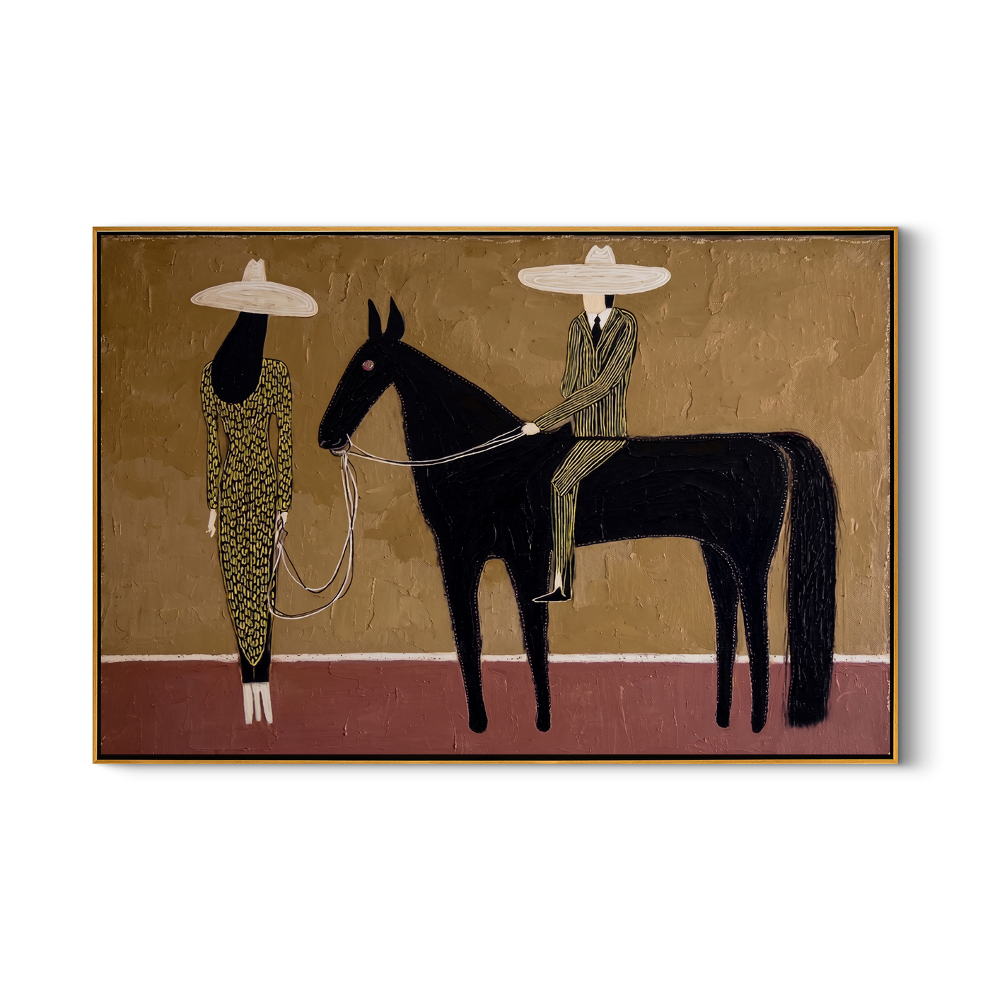 Two Figures Hold Midnight – brown and black modern western equestrian art, horizontal hand-painted canvas art – view 1