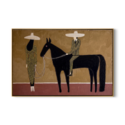 Two Figures Hold Midnight – brown and black modern western equestrian art, horizontal hand-painted canvas art – view 1