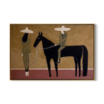 Two Figures Hold Midnight – brown and black modern western equestrian art, horizontal hand-painted canvas art – view 1