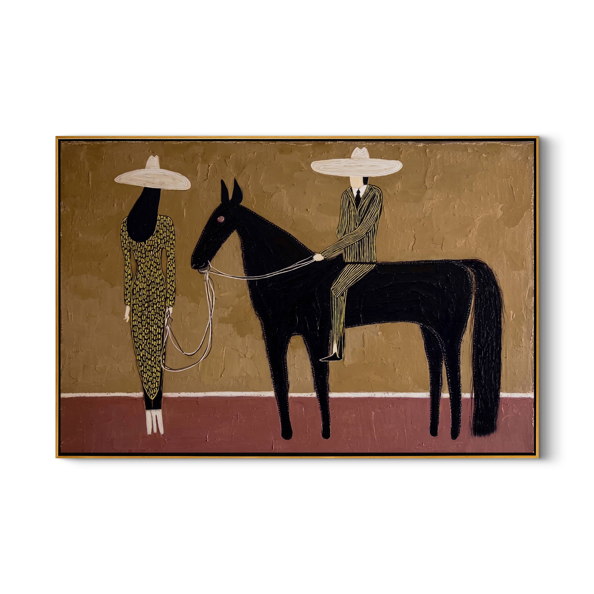 Two Figures Hold Midnight – brown and black modern western equestrian art, horizontal hand-painted canvas art – view 1