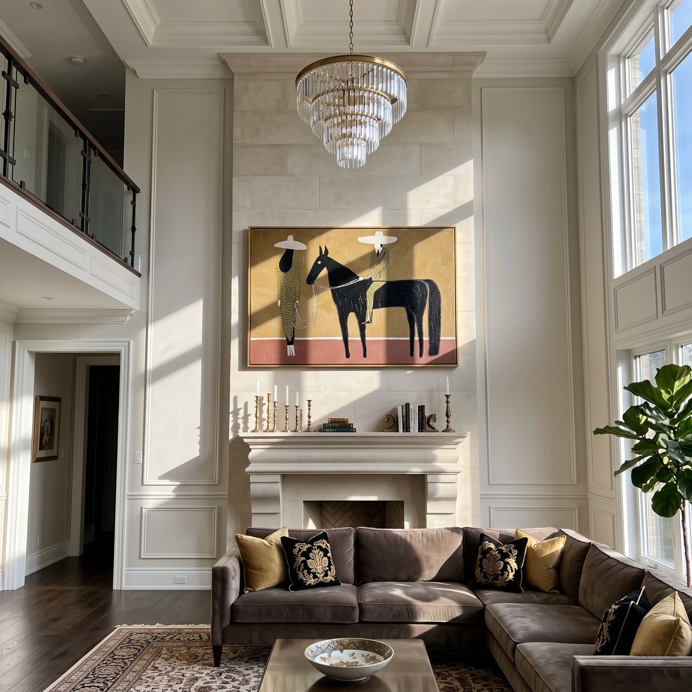 Two Figures Hold Midnight – brown and black modern western equestrian art, horizontal hand-painted canvas art – view 2