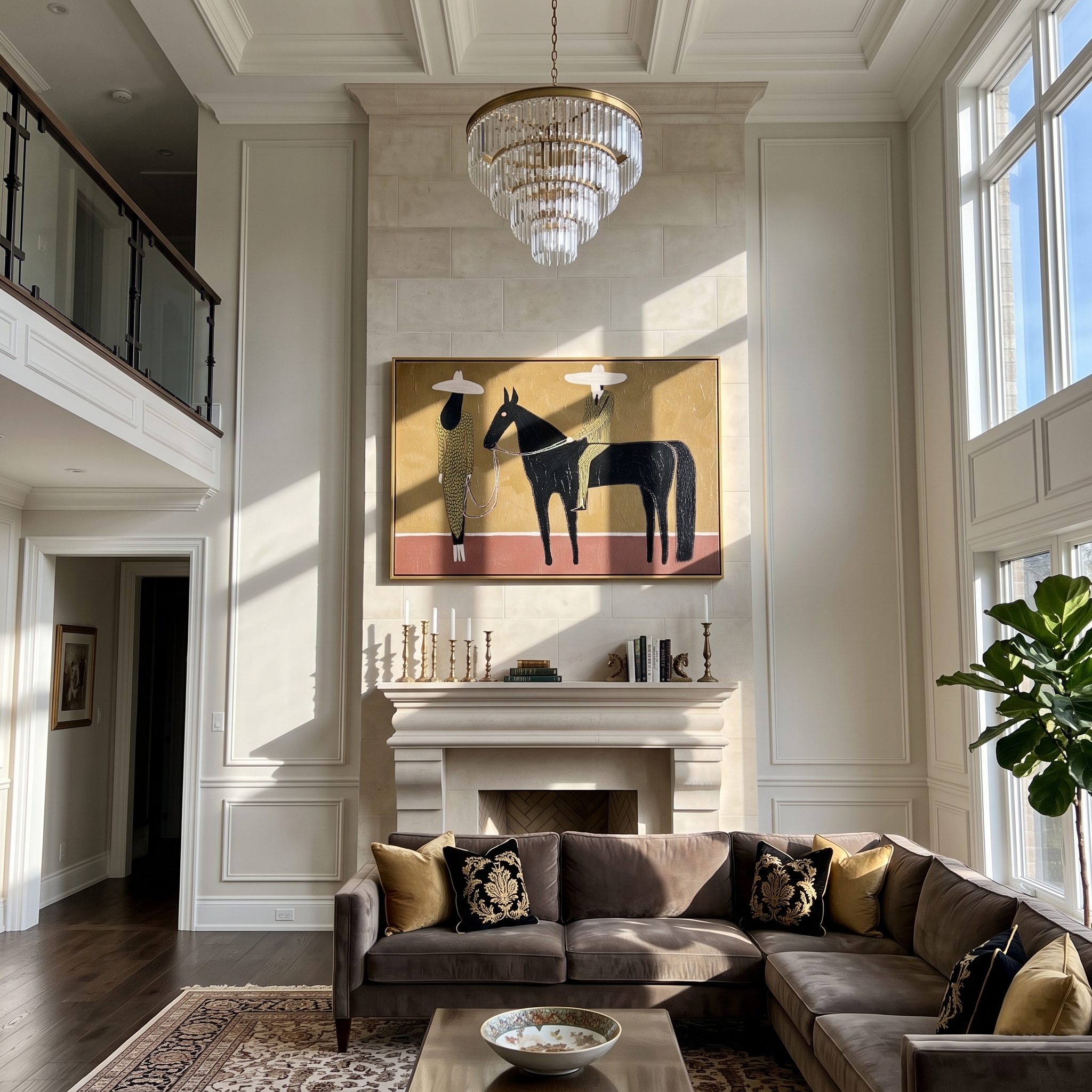 Two Figures Hold Midnight – brown and black modern western equestrian art, horizontal hand-painted canvas art – view 2