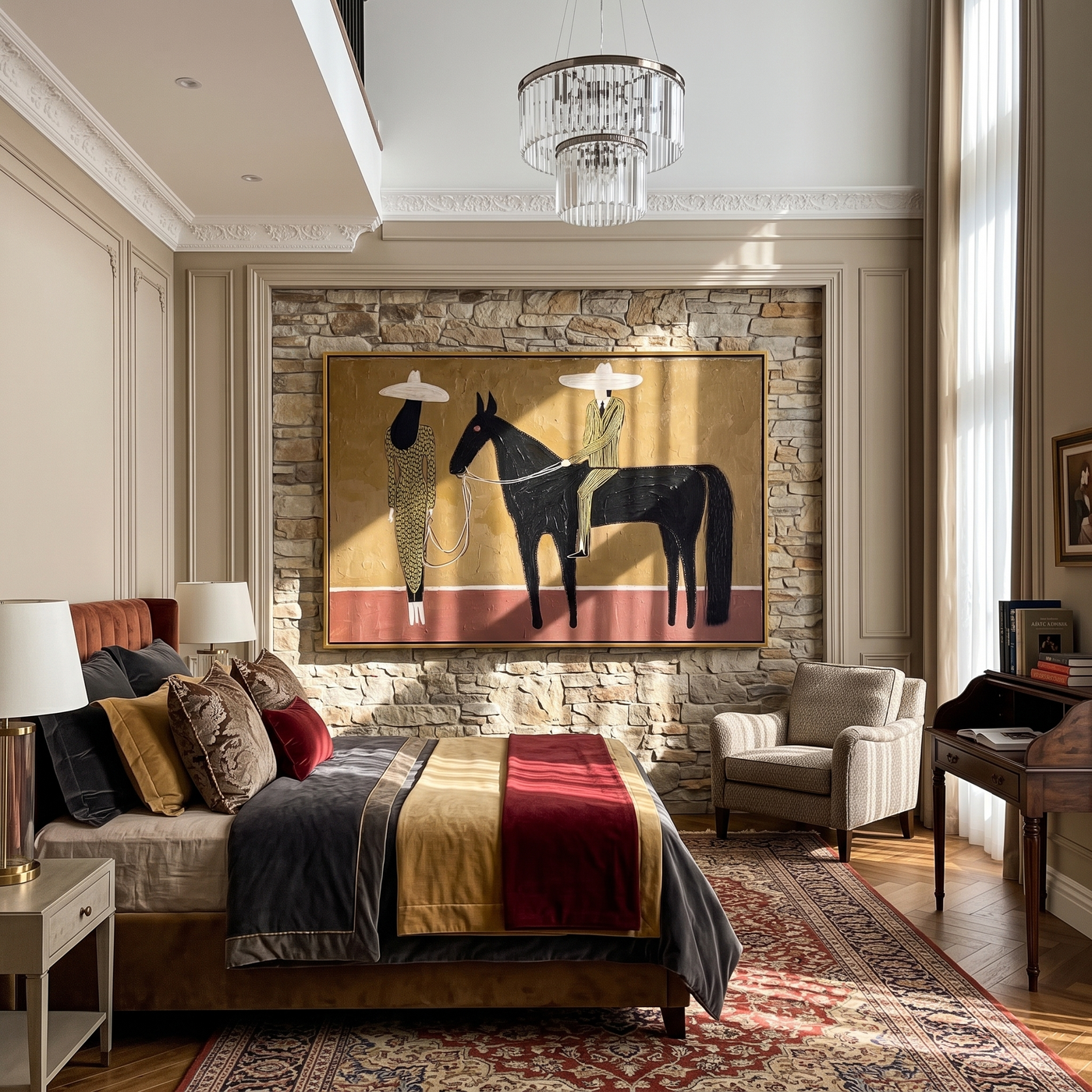 Two Figures Hold Midnight – brown and black modern western equestrian art, horizontal hand-painted canvas art – view 4