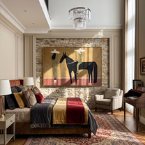 Two Figures Hold Midnight – brown and black modern western equestrian art, horizontal hand-painted canvas art – view 4