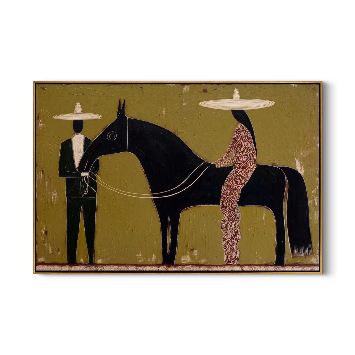 Between Two Wide Brims – brown and black modern western equestrian art, horizontal hand-painted canvas art – view 1