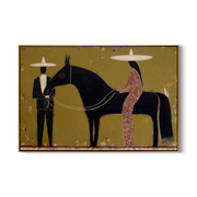 Between Two Wide Brims – brown and black modern western equestrian art, horizontal hand-painted canvas art – view 1