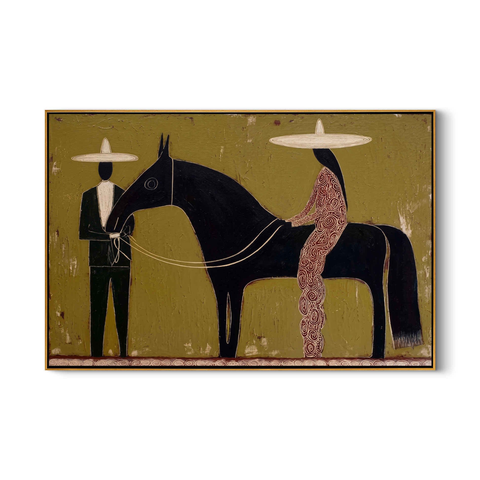 Between Two Wide Brims – brown and black modern western equestrian art, horizontal hand-painted canvas art – view 1