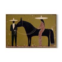 Between Two Wide Brims – brown and black modern western equestrian art, horizontal hand-painted canvas art – view 1