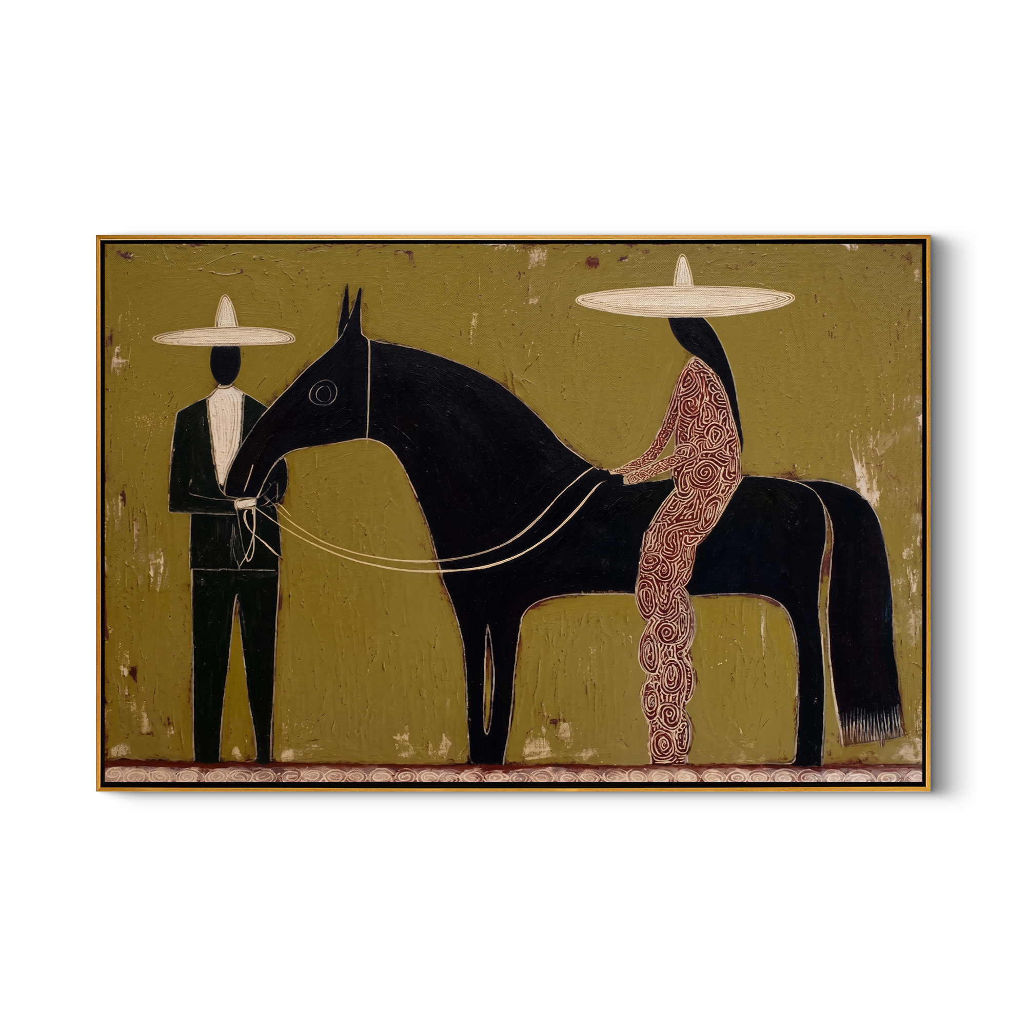 Between Two Wide Brims – brown and black modern western equestrian art, horizontal hand-painted canvas art – view 1