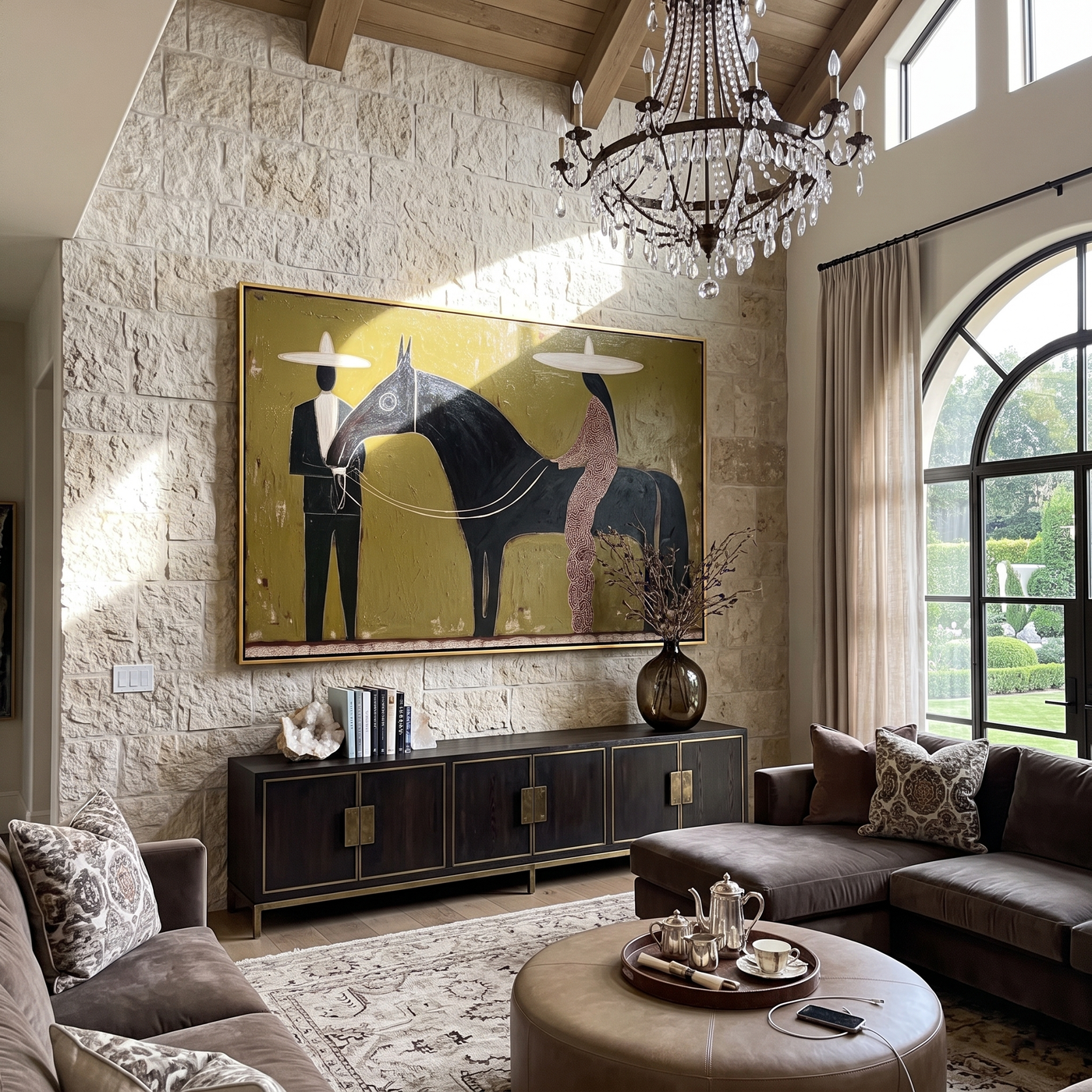 Between Two Wide Brims – brown and black modern western equestrian art, horizontal hand-painted canvas art – view 2