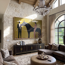 Between Two Wide Brims – brown and black modern western equestrian art, horizontal hand-painted canvas art – view 2