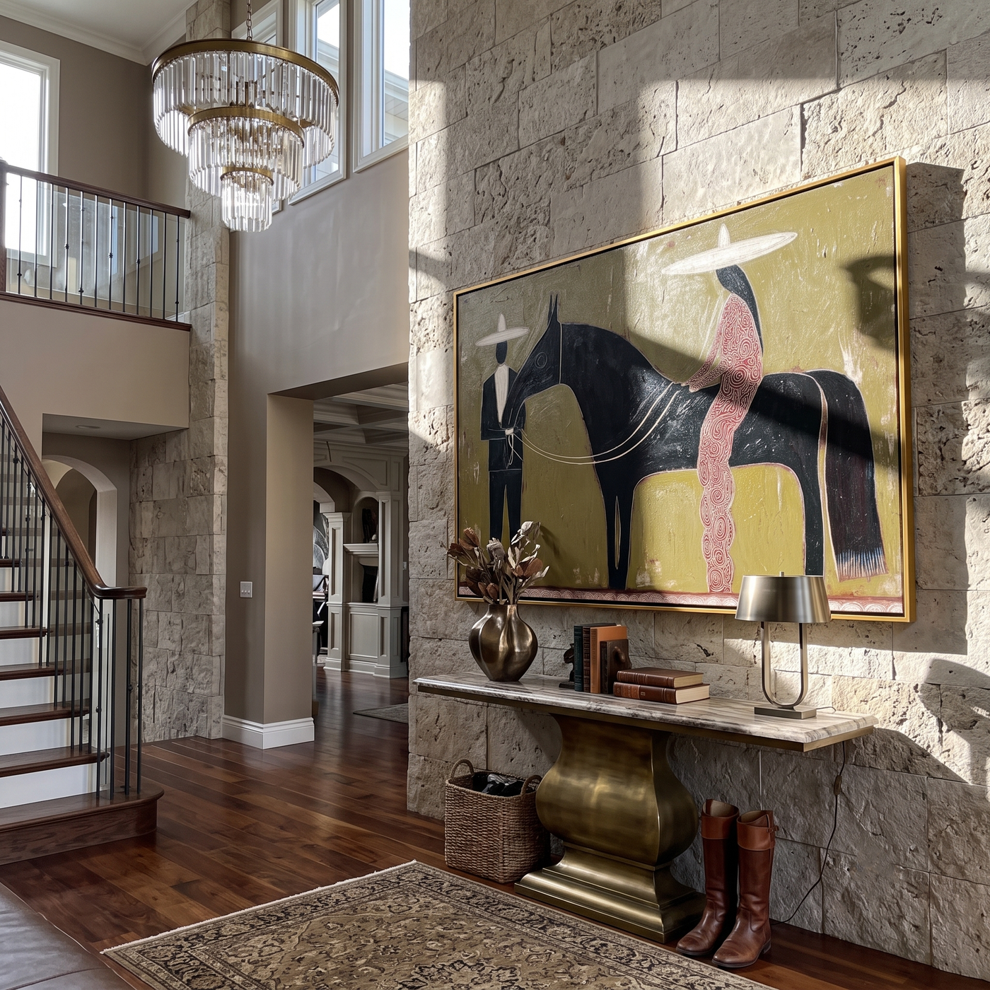 Between Two Wide Brims – brown and black modern western equestrian art, horizontal hand-painted canvas art – view 3