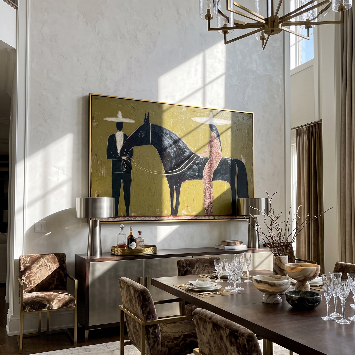 Between Two Wide Brims – brown and black modern western equestrian art, horizontal hand-painted canvas art – view 4