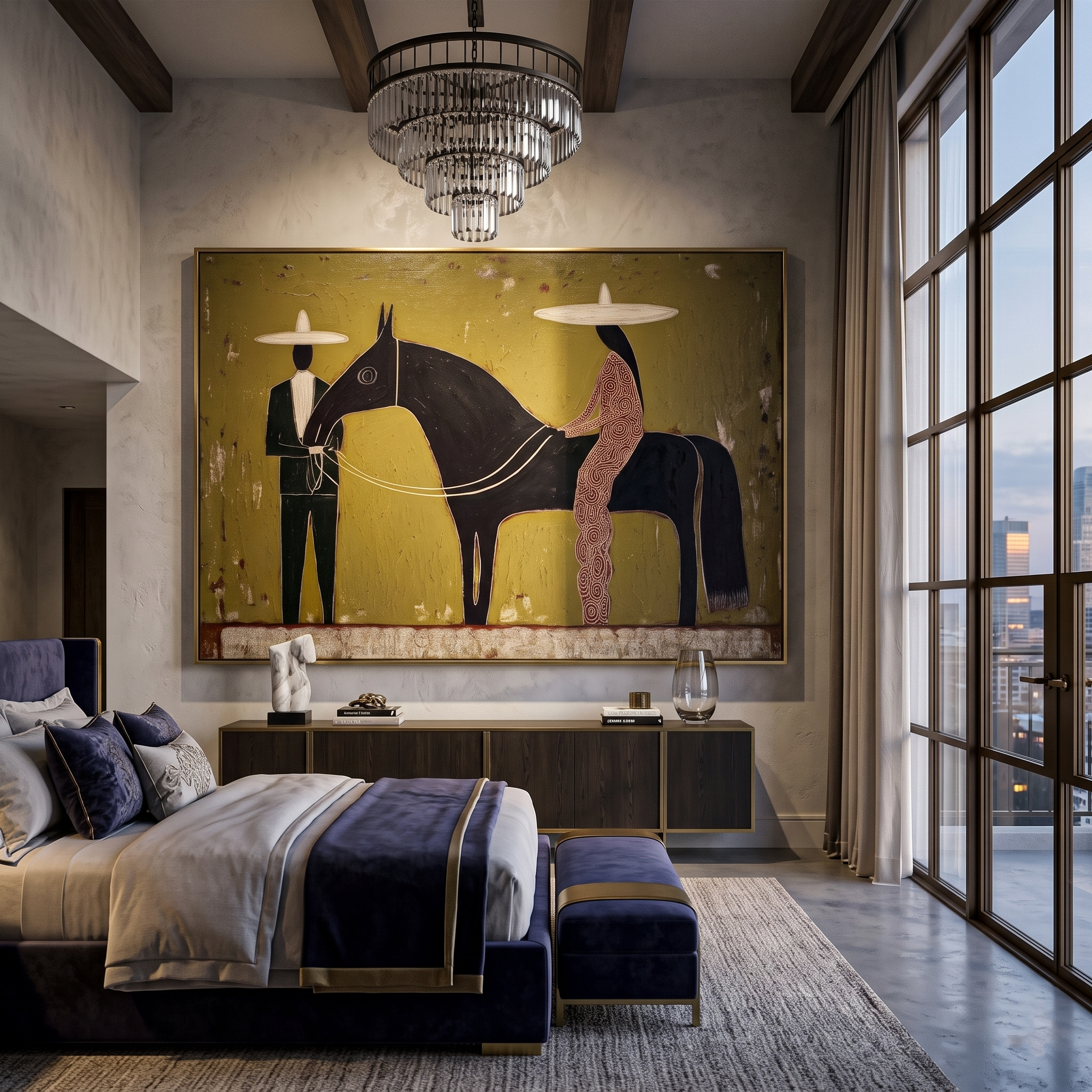 Between Two Wide Brims – brown and black modern western equestrian art, horizontal hand-painted canvas art – view 5