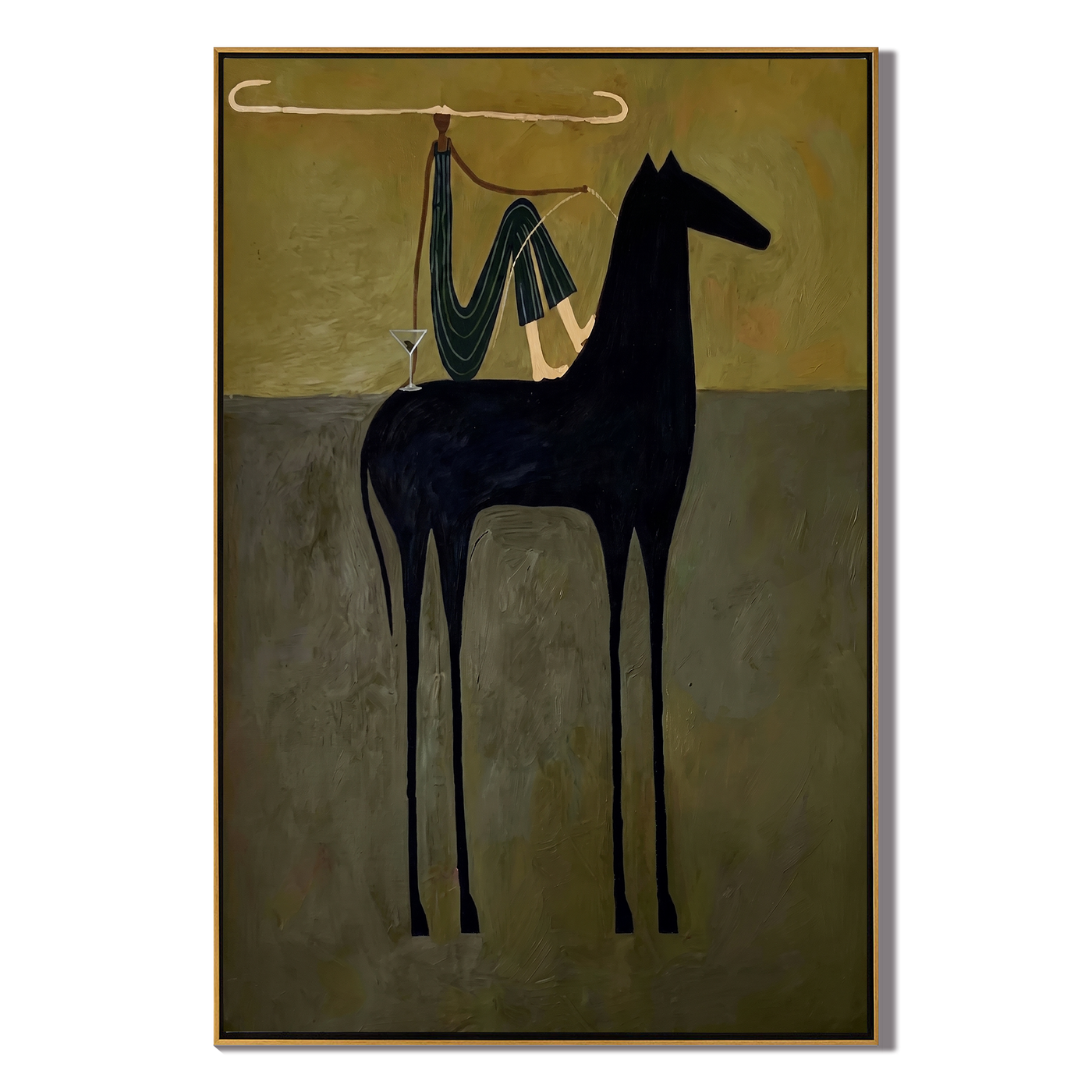 The Rider Draws Distance – brown and black modern western equestrian art, vertical hand-painted canvas art – view 1