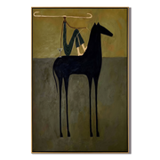The Rider Draws Distance – brown and black modern western equestrian art, vertical hand-painted canvas art – view 1