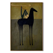 The Rider Draws Distance – brown and black modern western equestrian art, vertical hand-painted canvas art – view 1