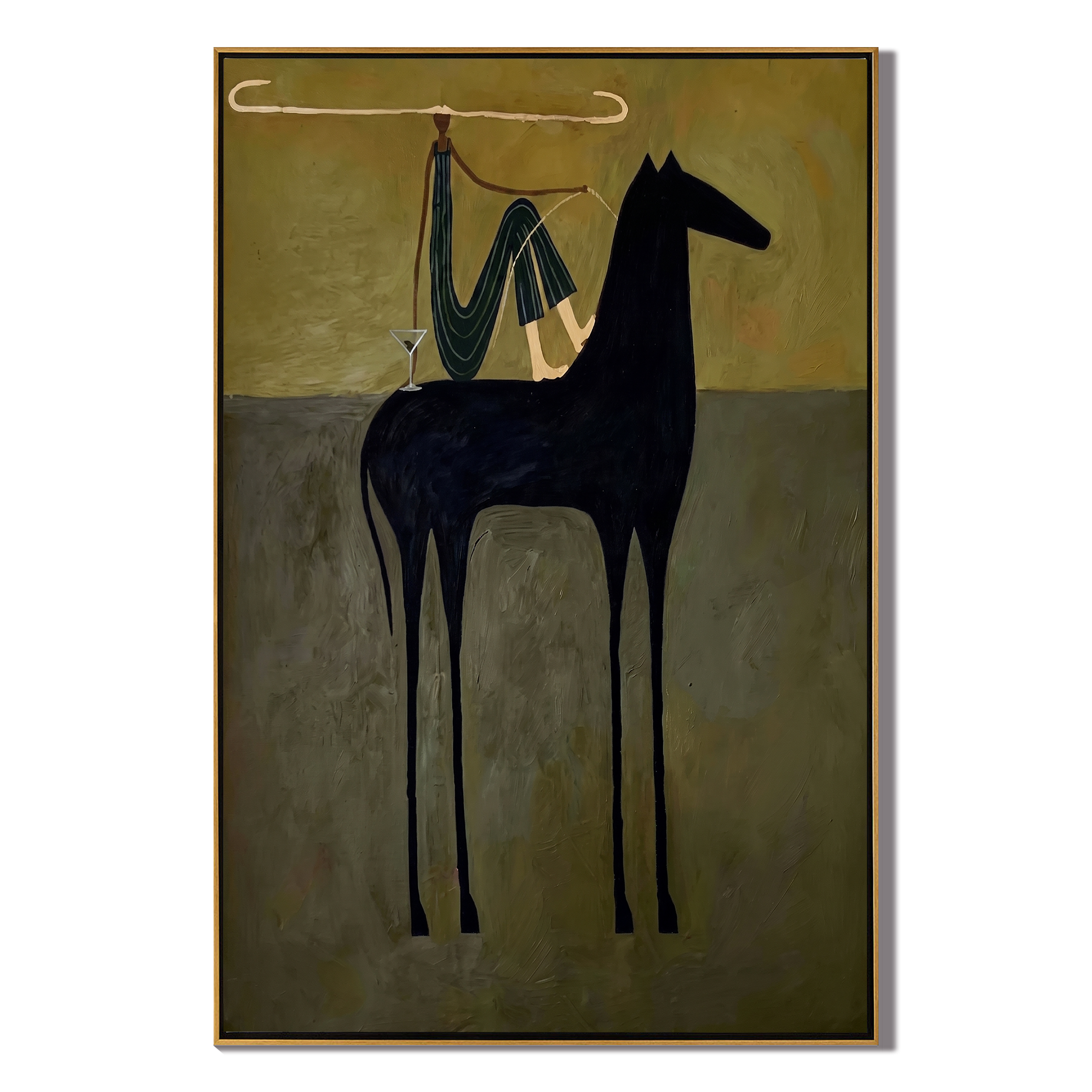 The Rider Draws Distance – brown and black modern western equestrian art, vertical hand-painted canvas art – view 1