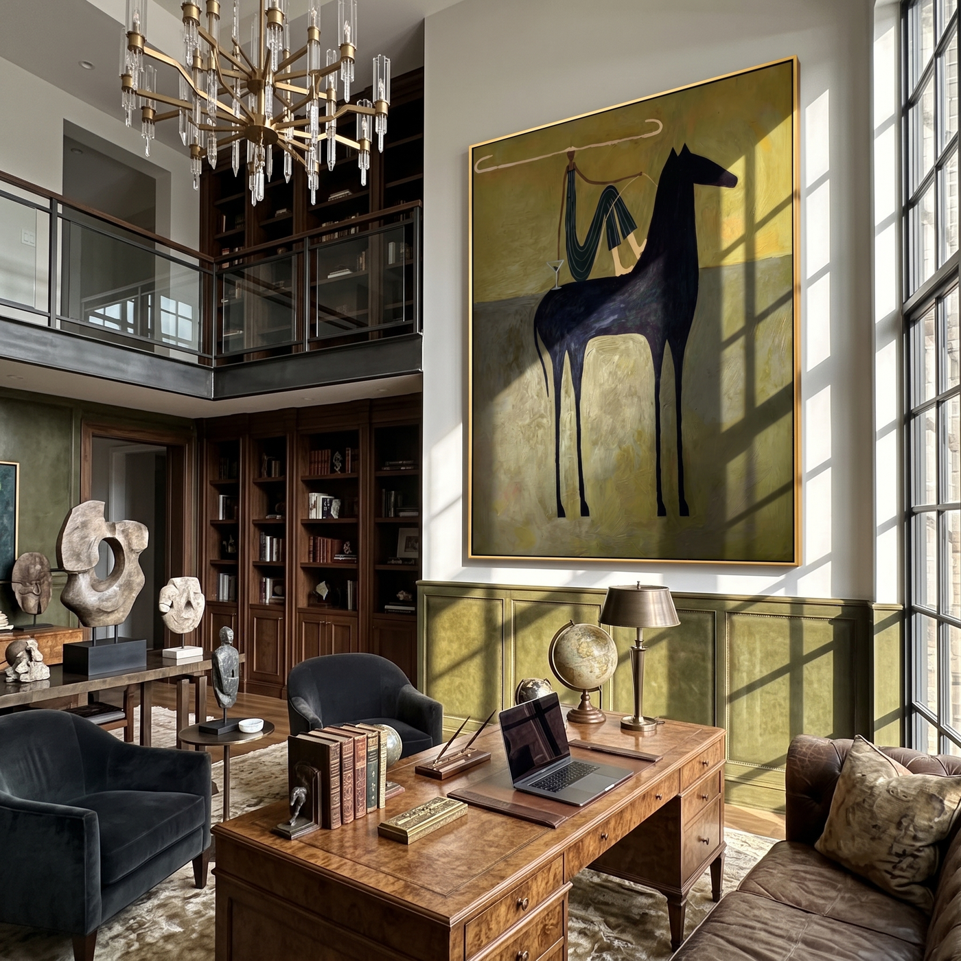 The Rider Draws Distance – brown and black modern western equestrian art, vertical hand-painted canvas art – view 3