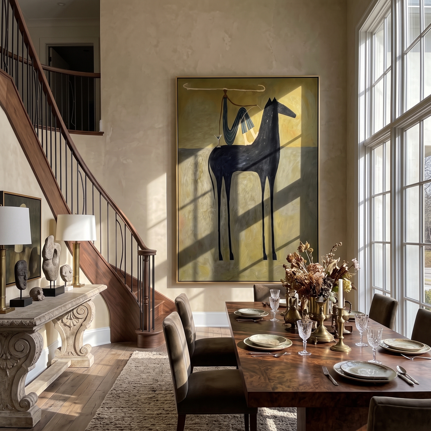 The Rider Draws Distance – brown and black modern western equestrian art, vertical hand-painted canvas art – view 4