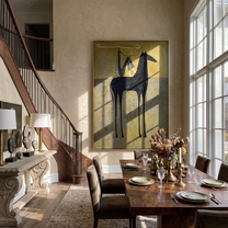The Rider Draws Distance – brown and black modern western equestrian art, vertical hand-painted canvas art – view 4