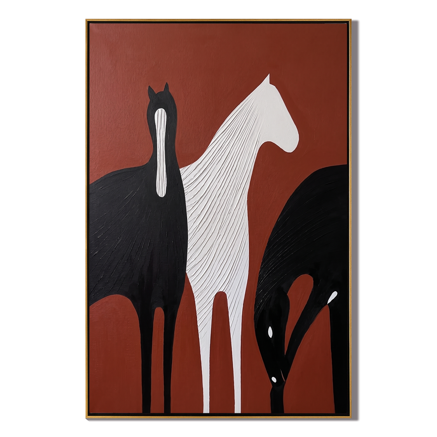 Ivory Walks Between Shadows – brown and black modern western equestrian art, vertical hand-painted canvas art – view 1