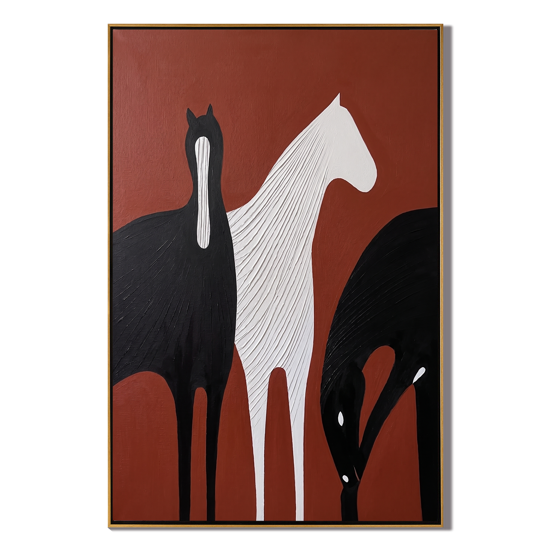 Ivory Walks Between Shadows – brown and black modern western equestrian art, vertical hand-painted canvas art – view 1