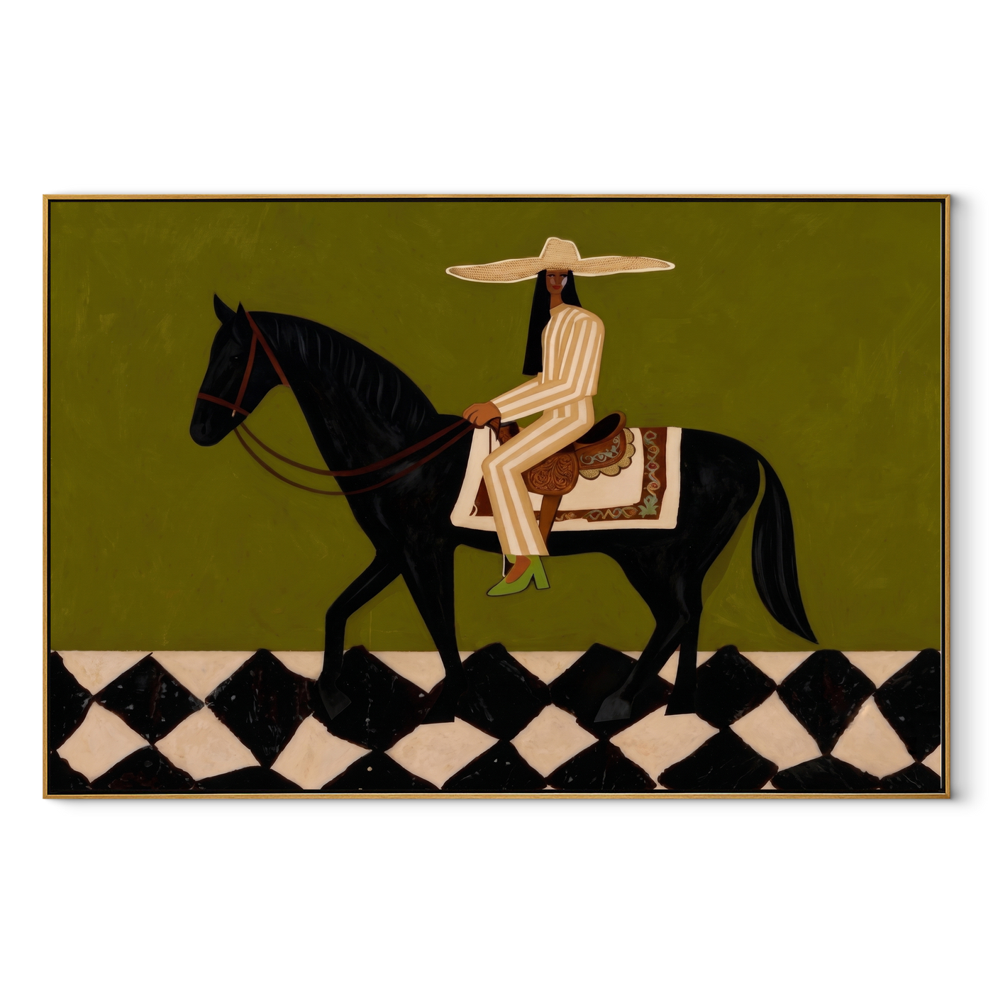 Harlequin Road Carries Her – Olive Cowgirl on Black Horse painting by Isabelle Laurent, modern Western horizontal wall art – wood frame on white background