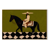 Harlequin Road Carries Her – Olive Cowgirl on Black Horse painting by Isabelle Laurent, modern Western horizontal wall art – wood frame on white background