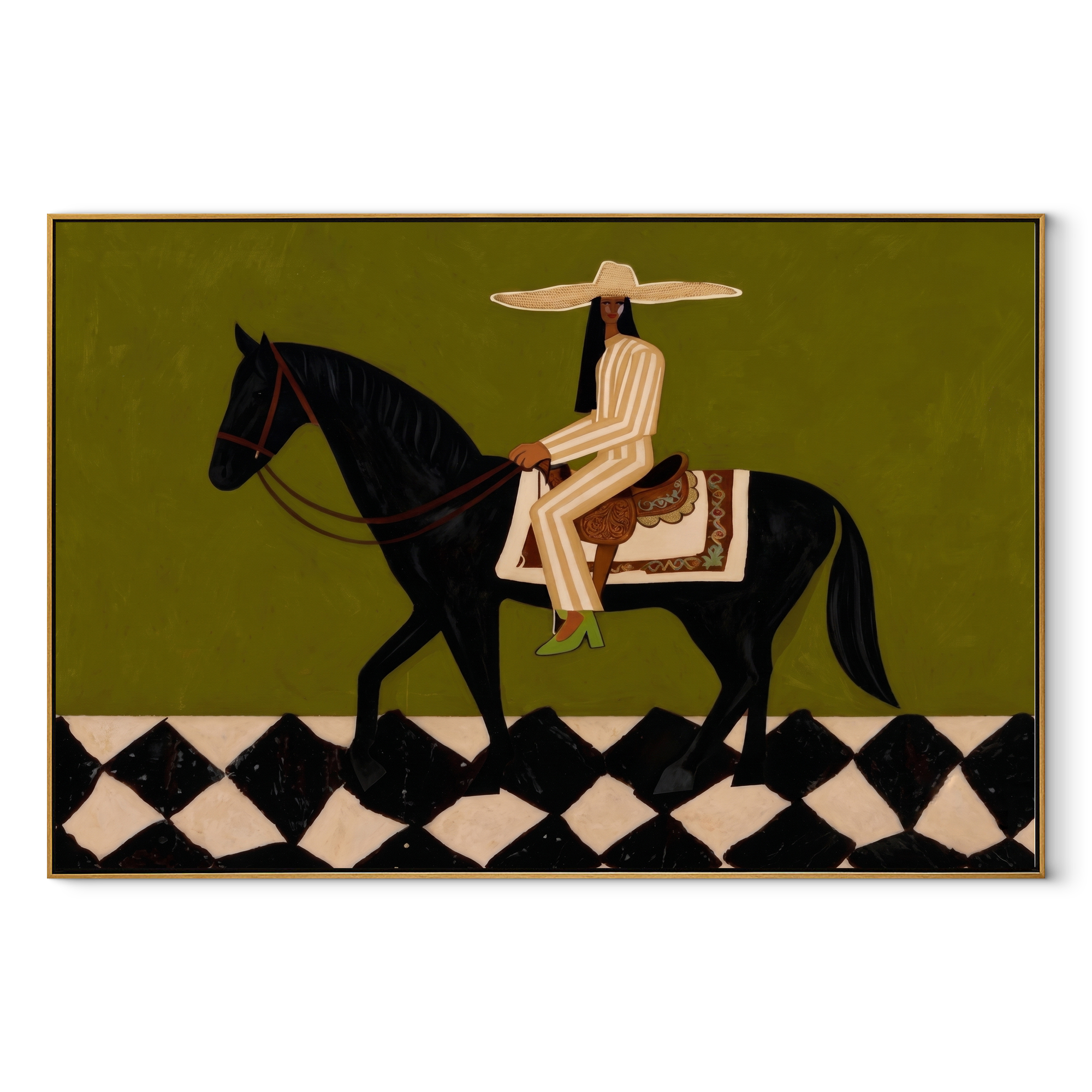 Harlequin Road Carries Her – Olive Cowgirl on Black Horse painting by Isabelle Laurent, modern Western horizontal wall art – wood frame on white background