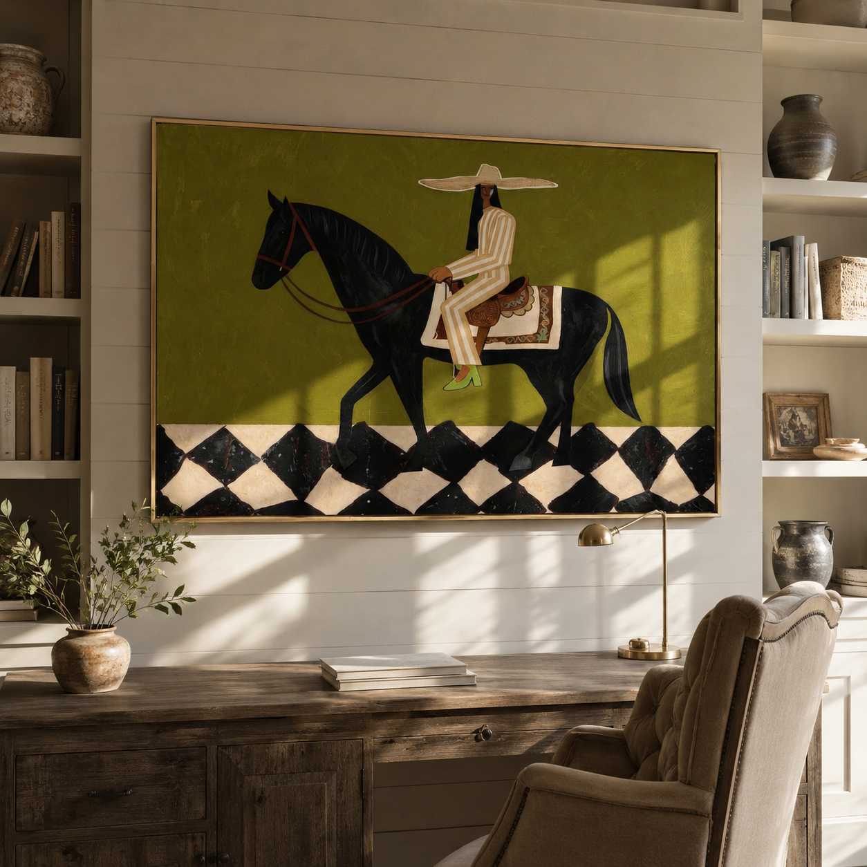 Harlequin Road Carries Her – Olive Cowgirl on Black Horse painting by Isabelle Laurent, modern Western horizontal wall art – styled room scene view 5