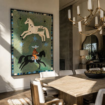 Two Horses Share Stars – Spotted Horses and Folk Rider painting by Isabelle Laurent, modern Western vertical wall art – styled room scene view 1