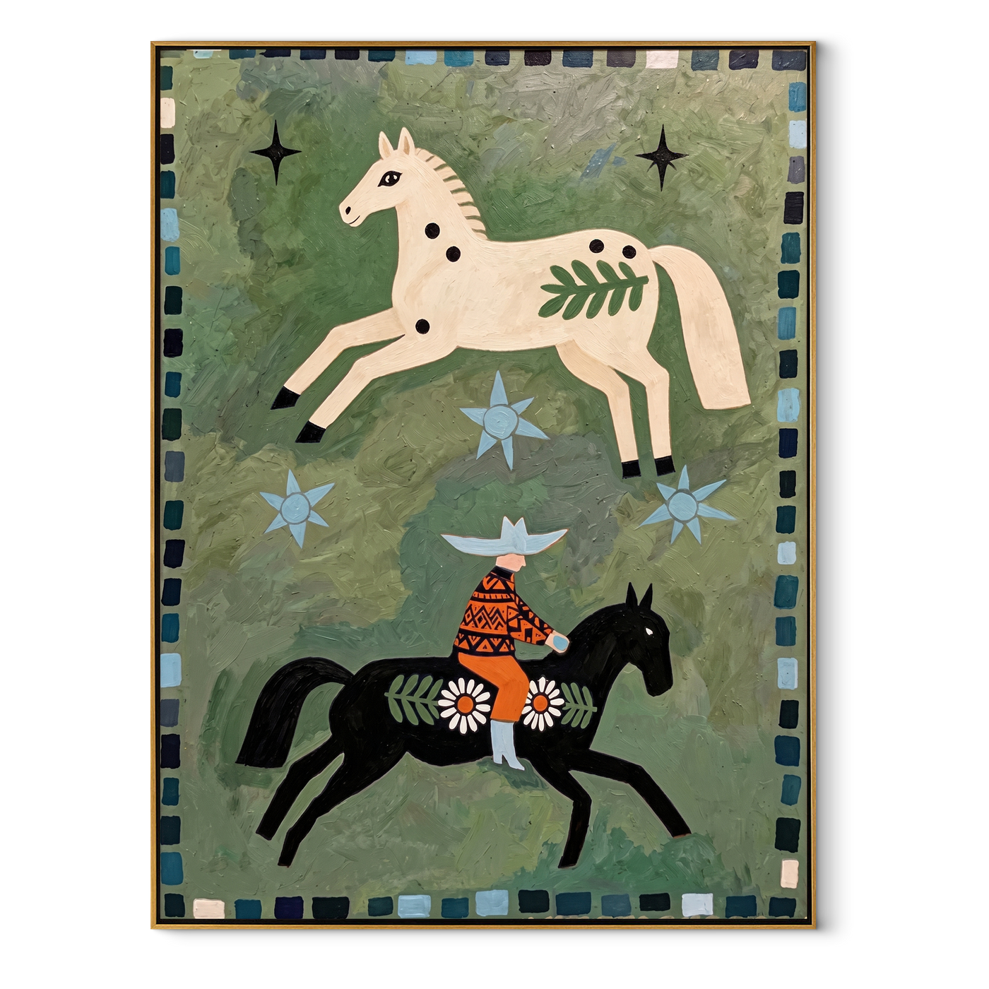 Two Horses Share Stars – Spotted Horses and Folk Rider painting by Isabelle Laurent, modern Western vertical wall art – wood frame on white background